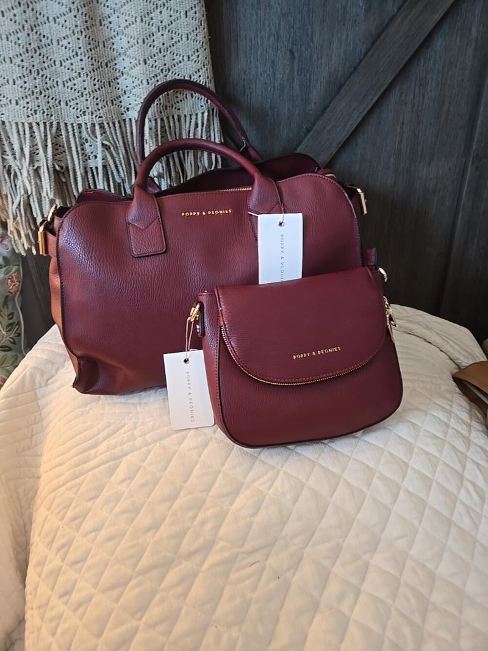 Poppy & Peonies Burgundy Crossbody Bag with Gold Hardware - Picture 10 of 10